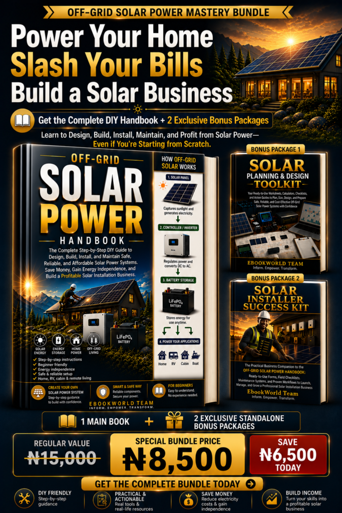 OFF-GRID SOLAR POWER HANDBOOK: The Complete Step-by-Step DIY Guide to Design, Build, Install, and Maintain Safe, Reliable, and Affordable Solar Power Systems. Save Money, Gain Energy Independence, and Build a Profitable Solar Installation Business